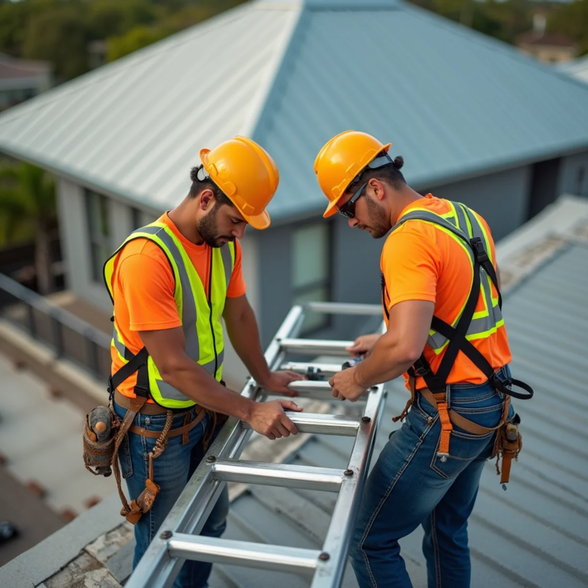 Florida licensed roofing contractor team in front of service vehicles in Clearwater