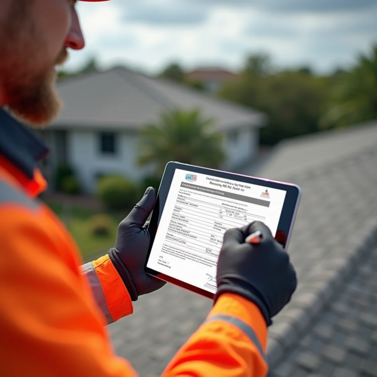 Licensed roofing inspector completing certified useful life inspection form
