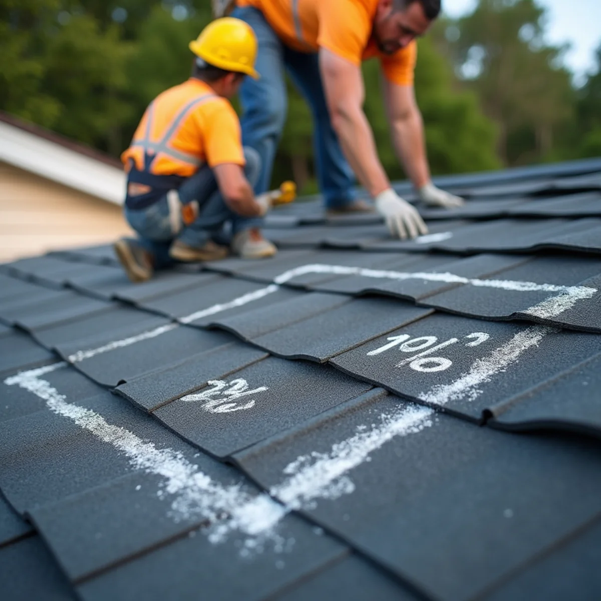 Chalk outline measuring damaged roof slope square footage for building code calculations
