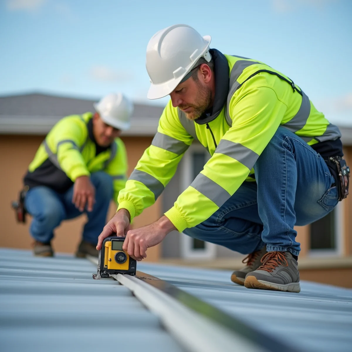 Roofing inspector measuring damaged section of residential roof slope in Florida