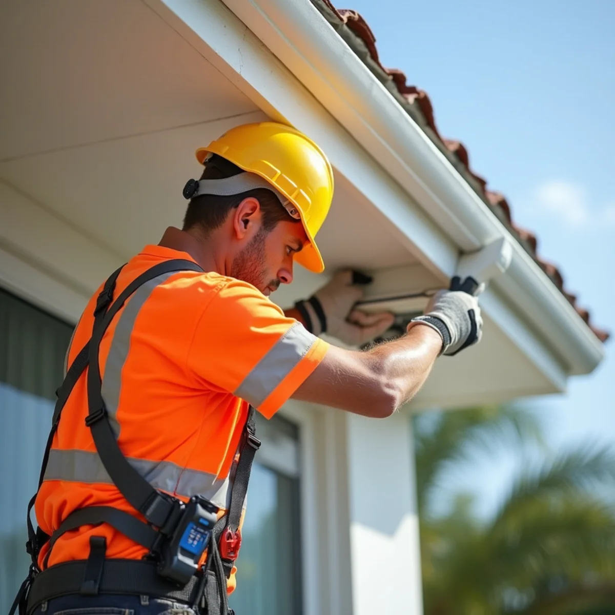 Roofer examining vinyl soffit panel attachment under roof eave overhang