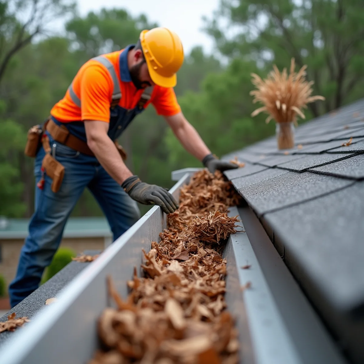 Worker clearing accumulated live oak leaves and palm debris from roof valley and gutter