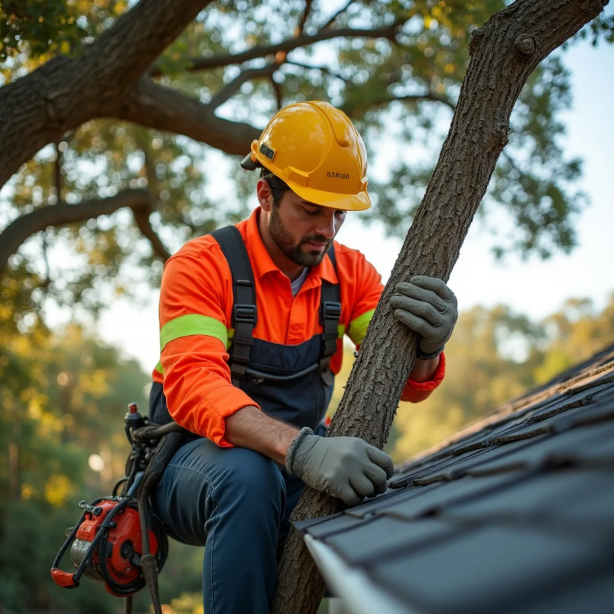 Professional arborist pruning heavy oak limbs away from residential roofline