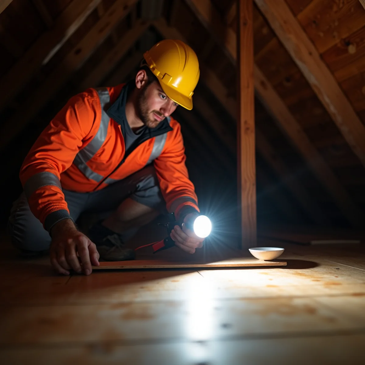 Inspector holding flashlight inside dark attic examining underside of roof decking