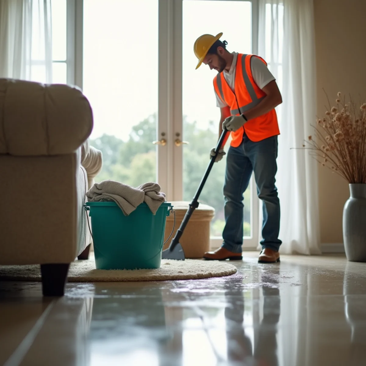Buckets and containers catching leaking water with furniture wrapped and cleared