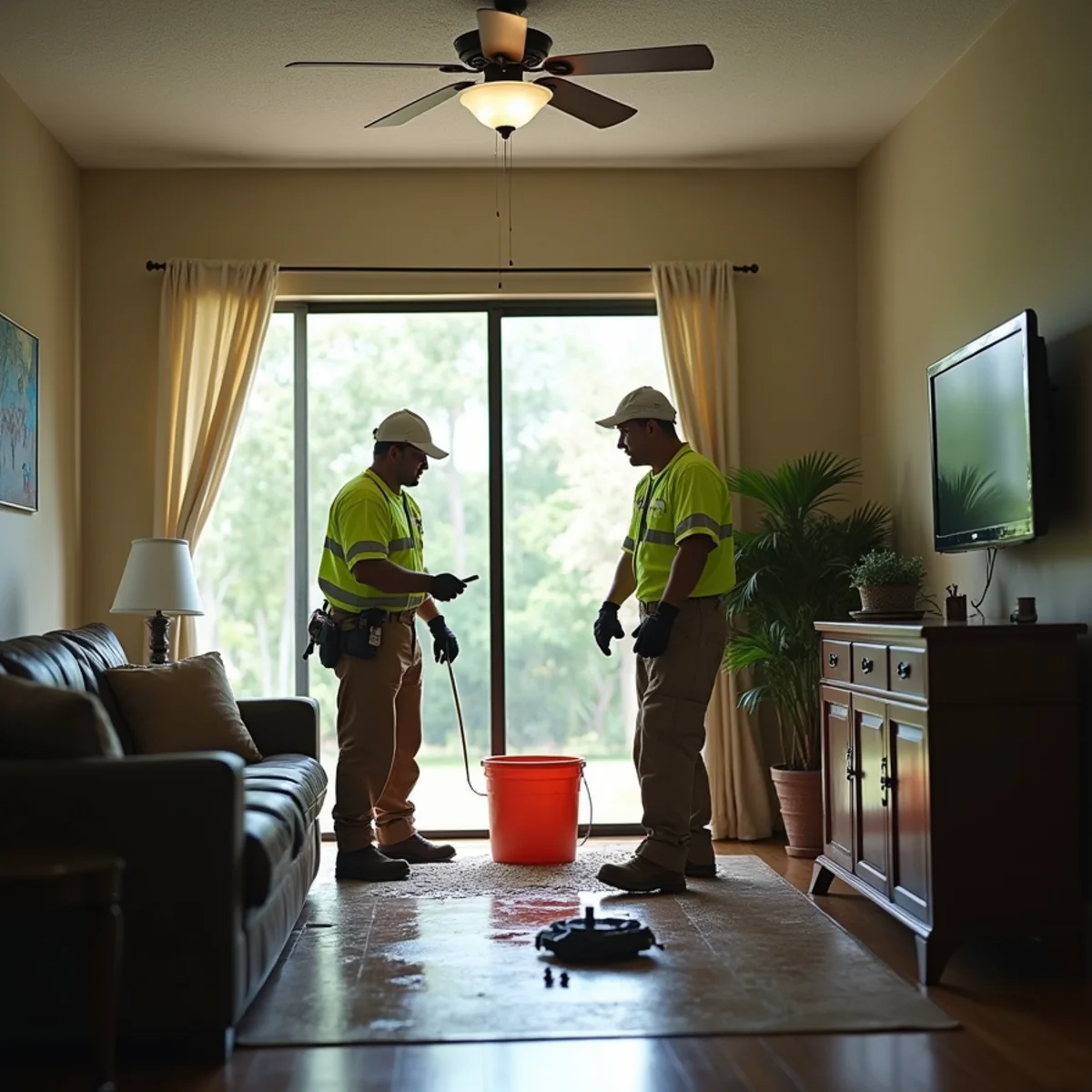 Bucket catching ceiling water drip during Florida thunderstorm