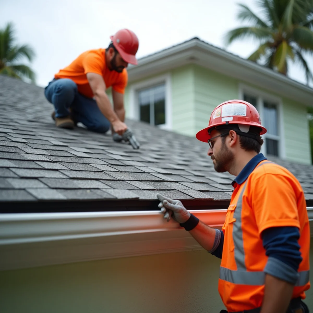 Technician pointing out complex roof flashing transition leak above Clearwater residence