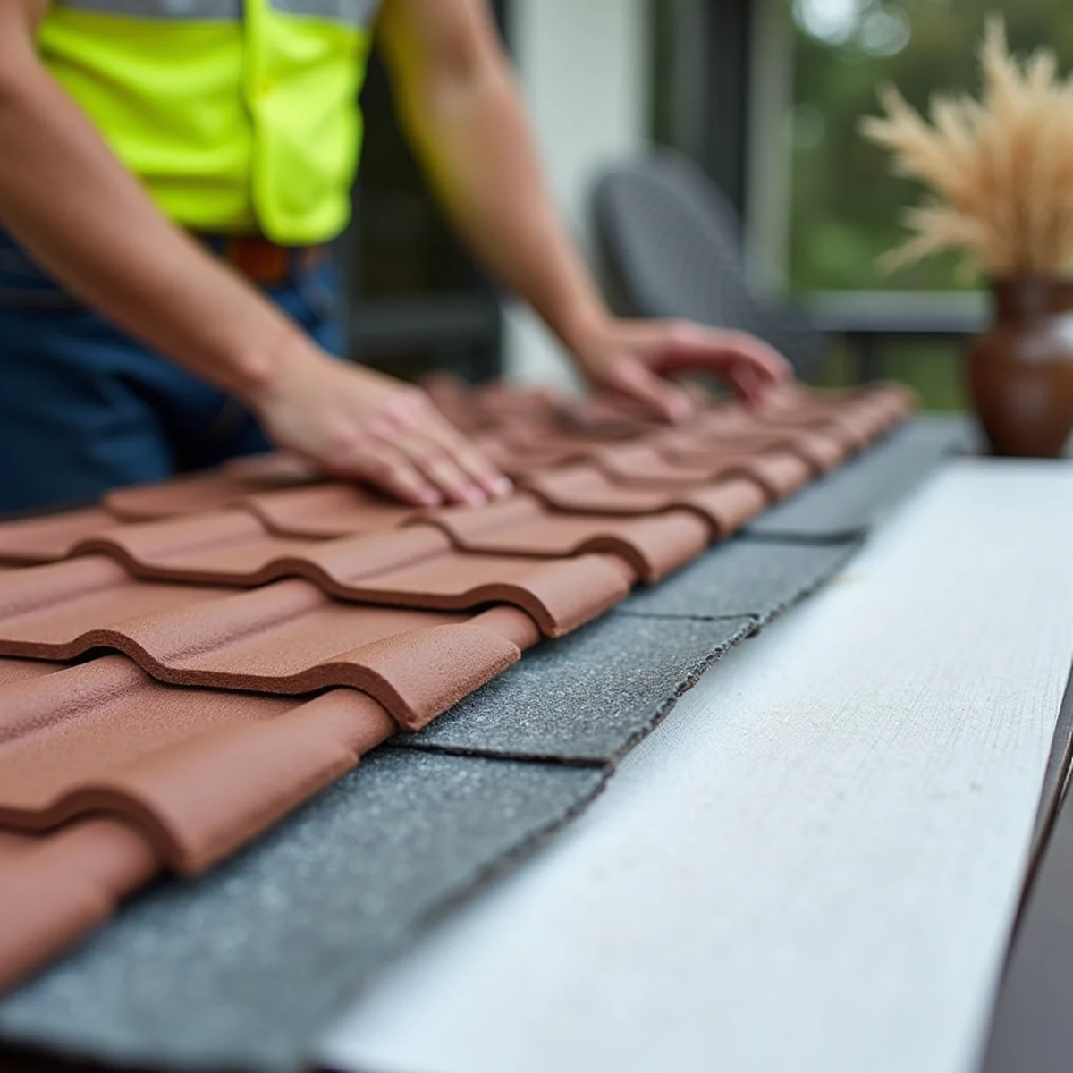 Display of architectural shingles, barrel tiles, and flat roofing membranes