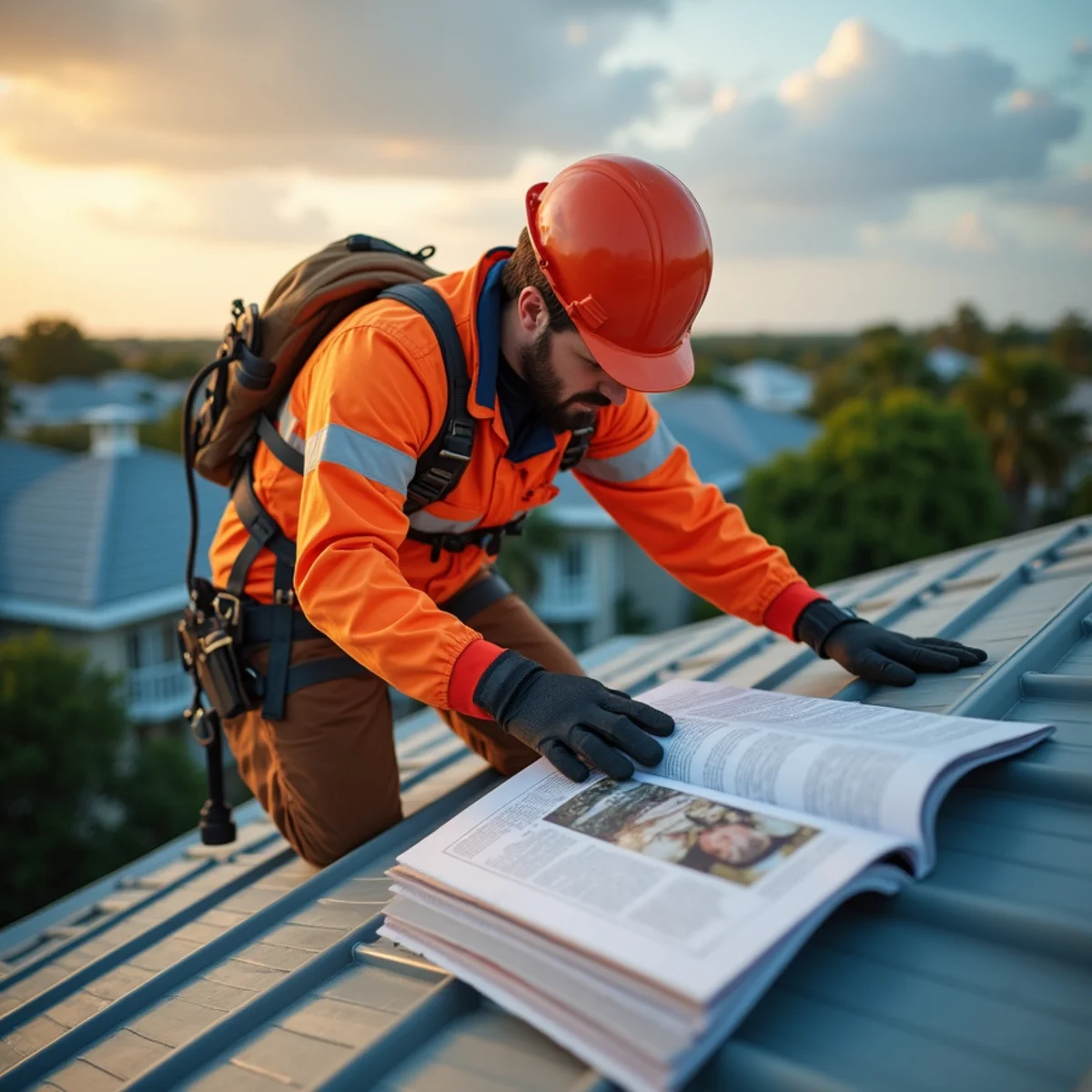 Roofer secured with OSHA compliant safety harness working on steep pitch roof