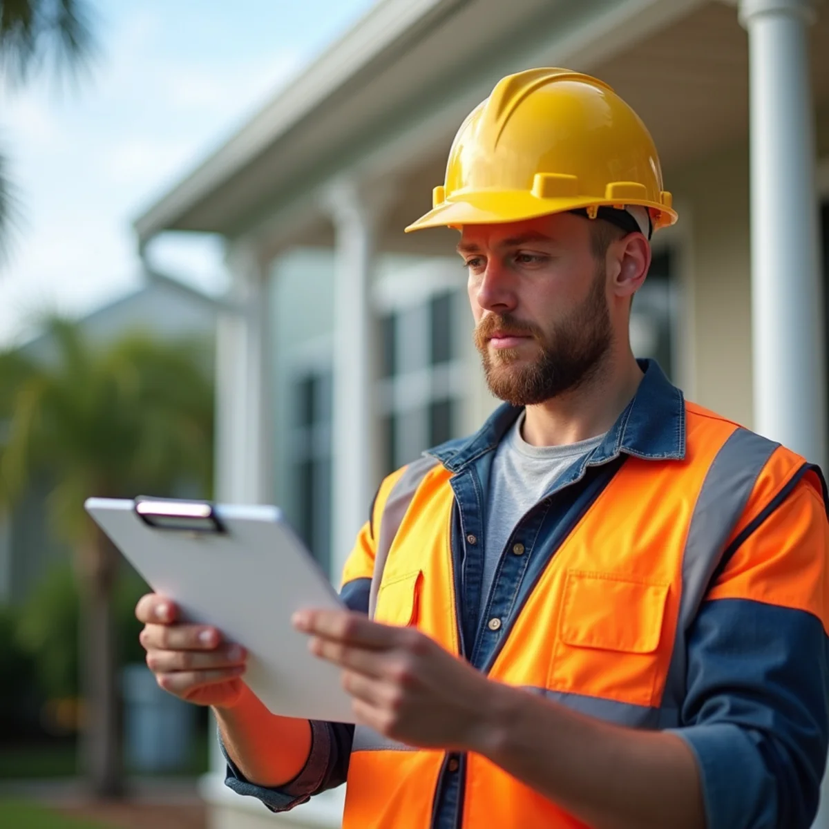 Roofing contractor providing written roof repair estimate to Clearwater homeowner