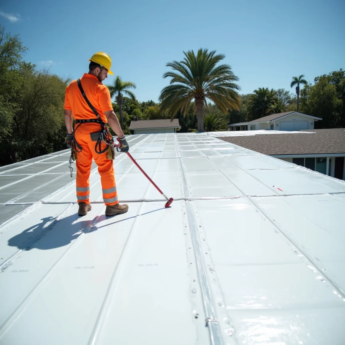 Heat-fused white shrink wrap membrane installed drum tight over damaged roof ridge