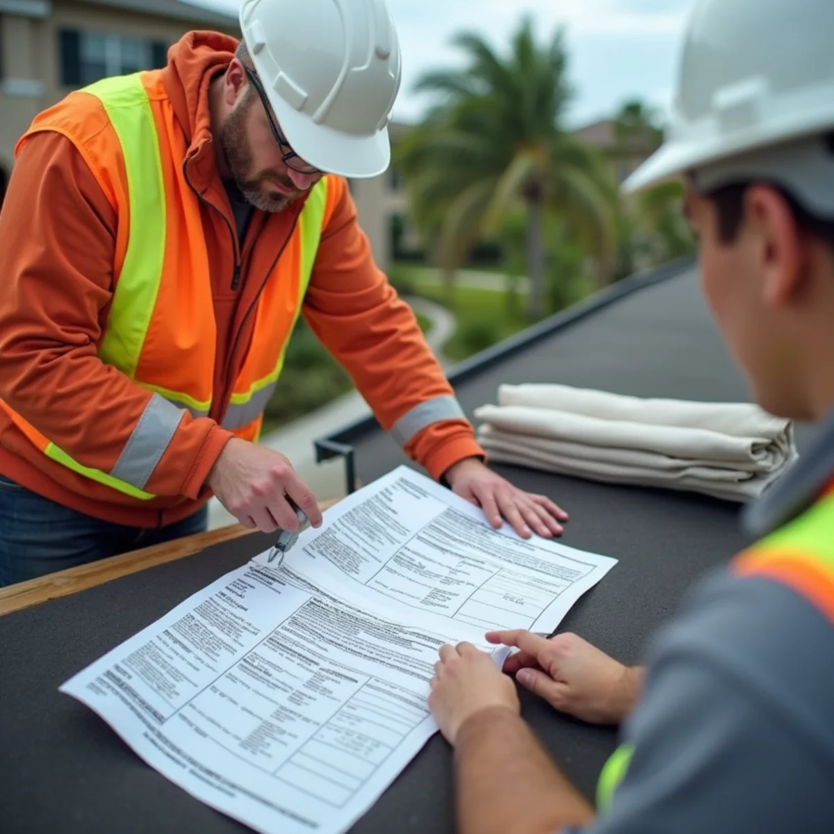 Inspector photographing shingle packaging and municipal permit for code compliance