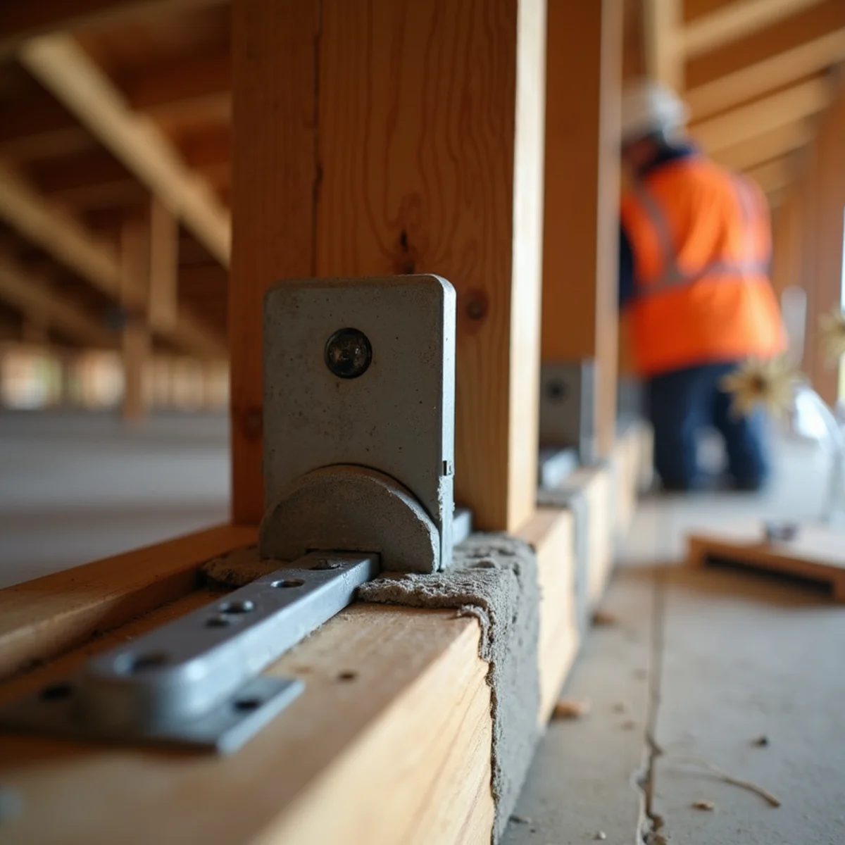 Interior attic close-up view of heavy galvanized hurricane clips securing truss to wall