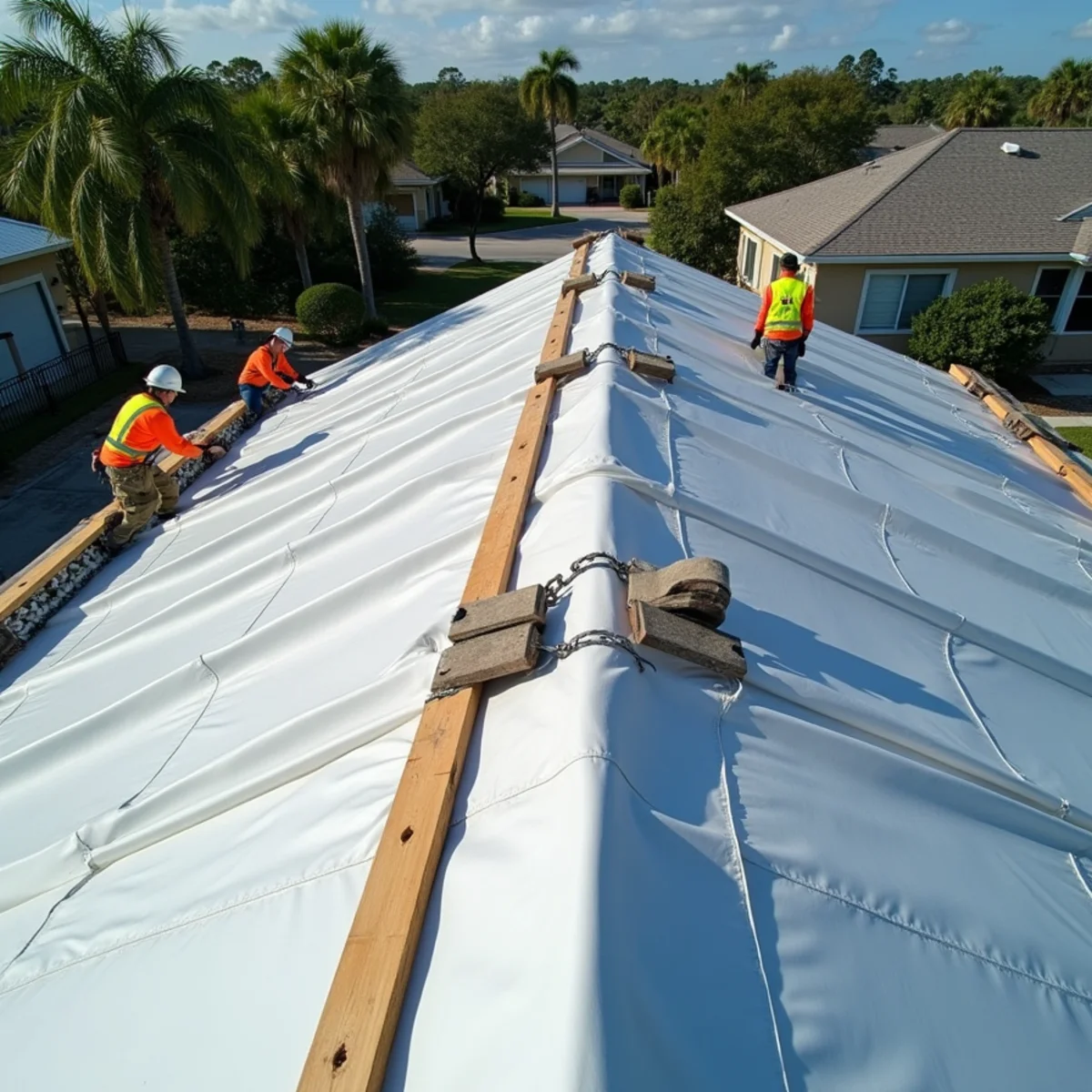 Emergency blue tarp pulled over the roof ridge and nailed down securely with furring strips