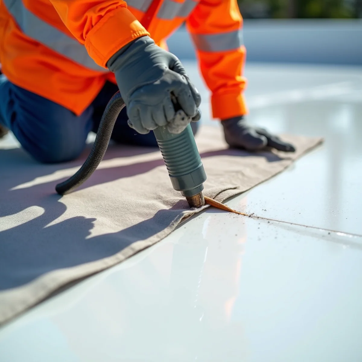 Hot-air robotic heat welding seam repair on commercial-grade white TPO membrane roof
