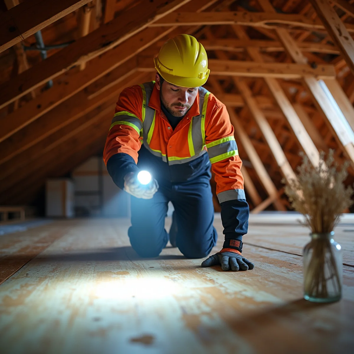 Attic moisture inspection tracing water intrusion path along rafters and decking