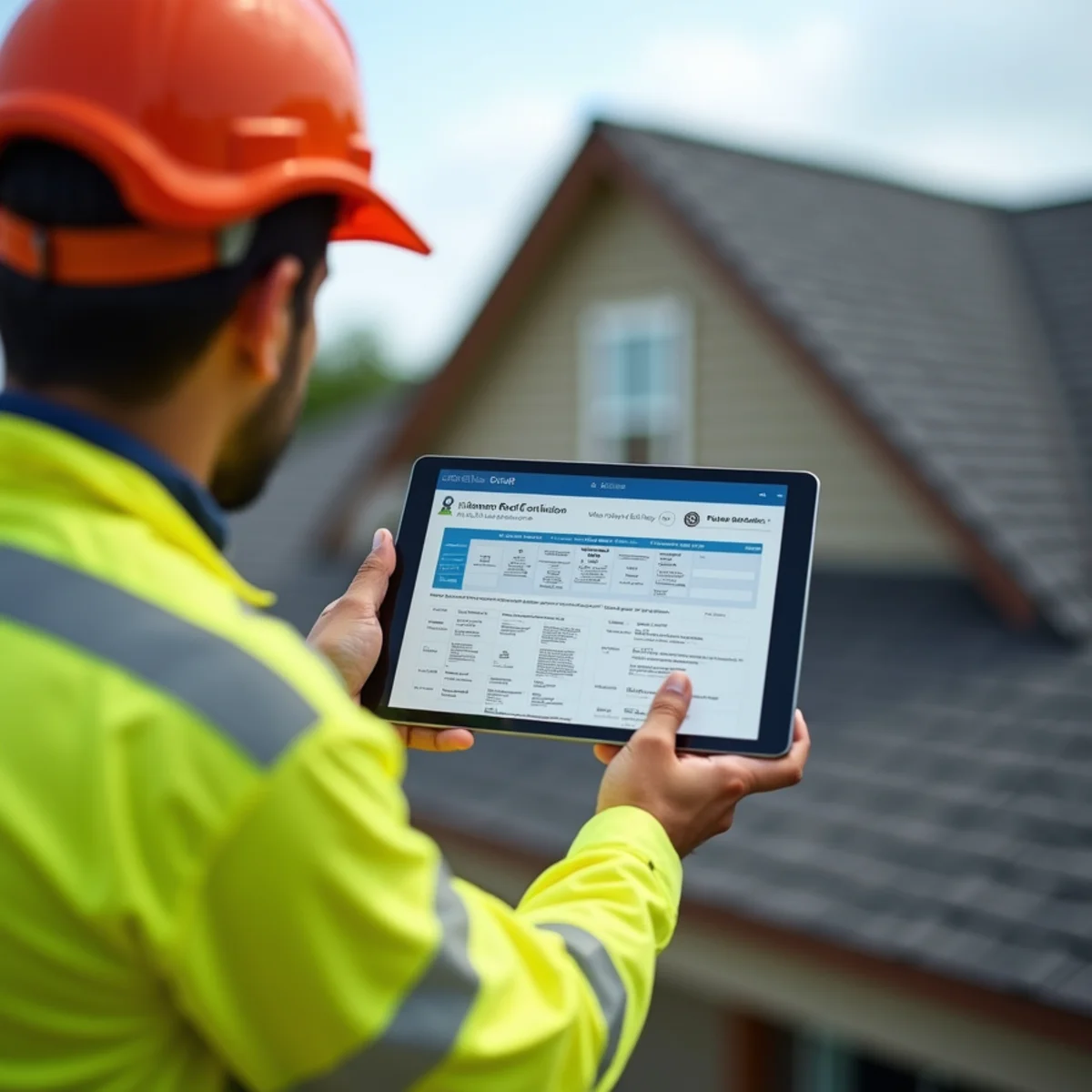 Roof inspector completing digital Florida insurance roof condition certification form on tablet
