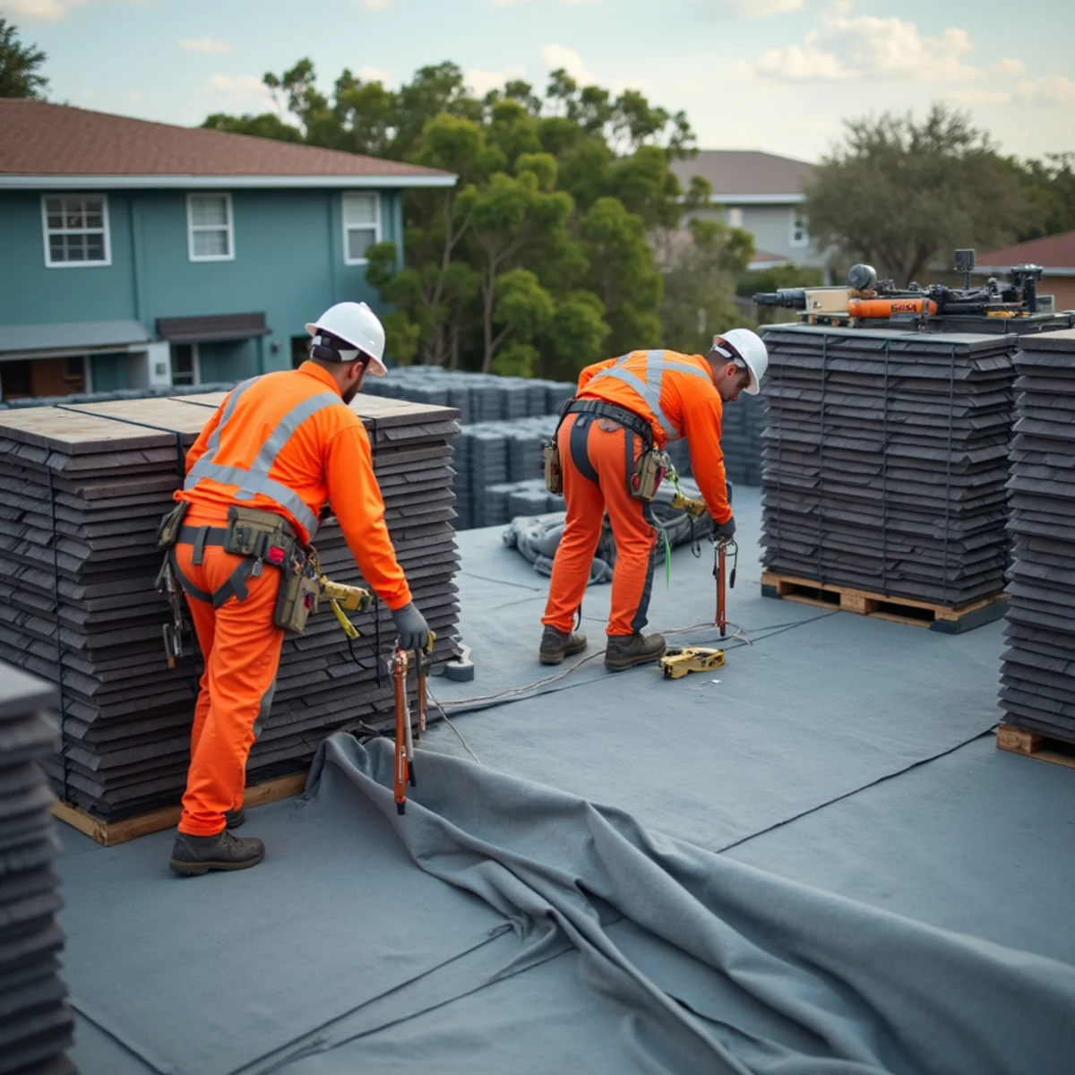 Professional roofing equipment and material staging for residential and commercial projects