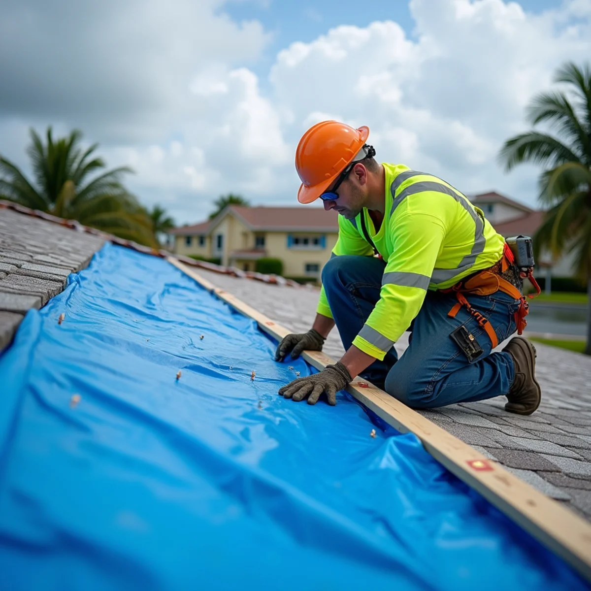 Heavy-duty waterproof emergency roof tarp secured with wood battens on damaged Florida roof